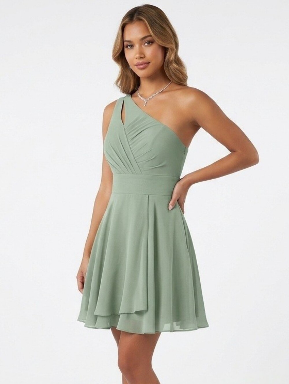 One-Shoulder Sage Green A-Line Dress